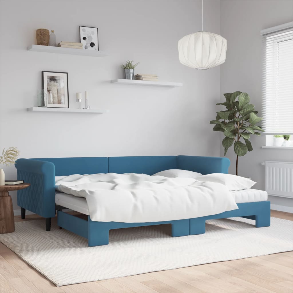 Lit de jour avec lit gigogne et matelas bleu 90x200 cm velours - XIOS