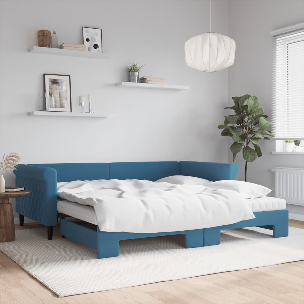 Lit de jour avec lit gigogne et matelas bleu 100x200 cm velours - XIOS