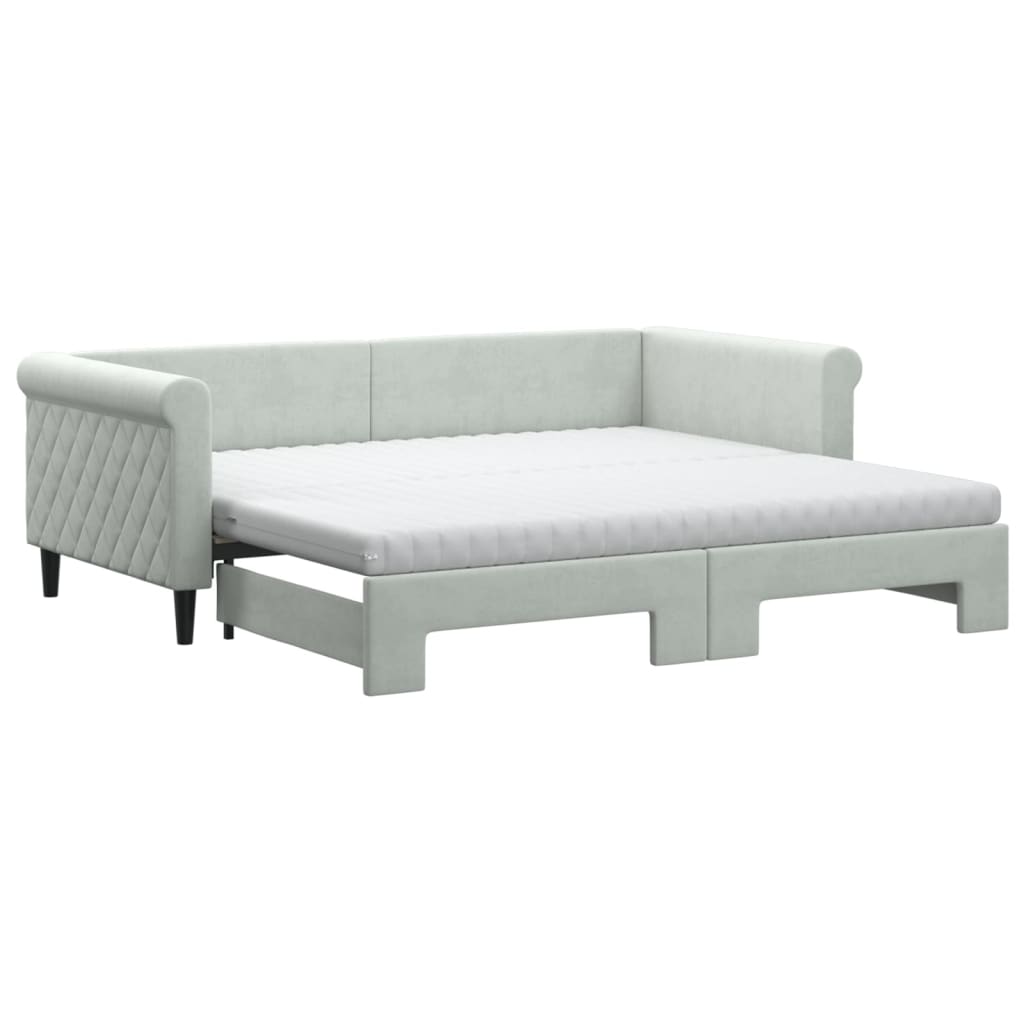 Lit de jour avec gigogne et matelas gris clair 90x190cm velours - XIOS