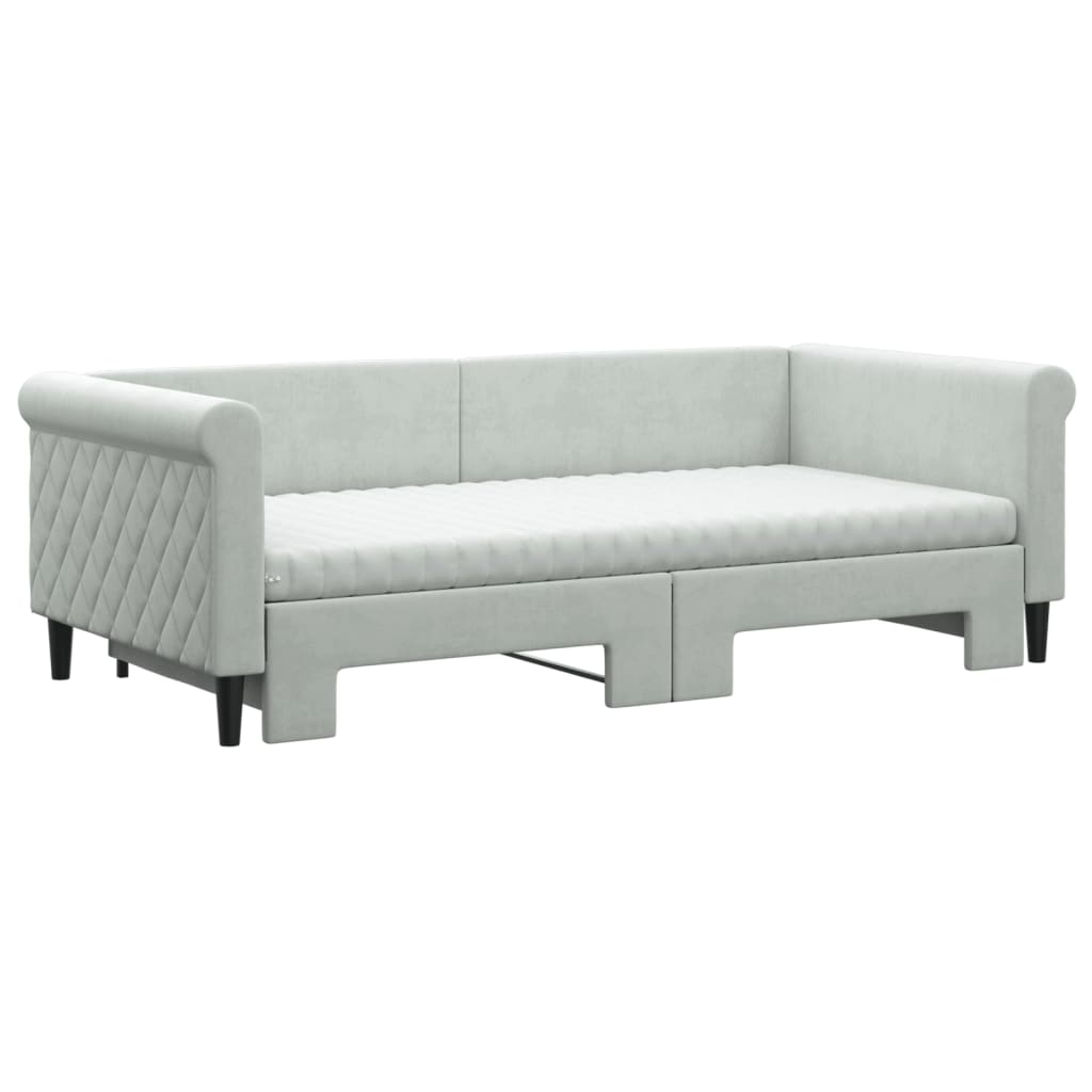 Lit de jour avec gigogne et matelas gris clair 90x190cm velours - XIOS