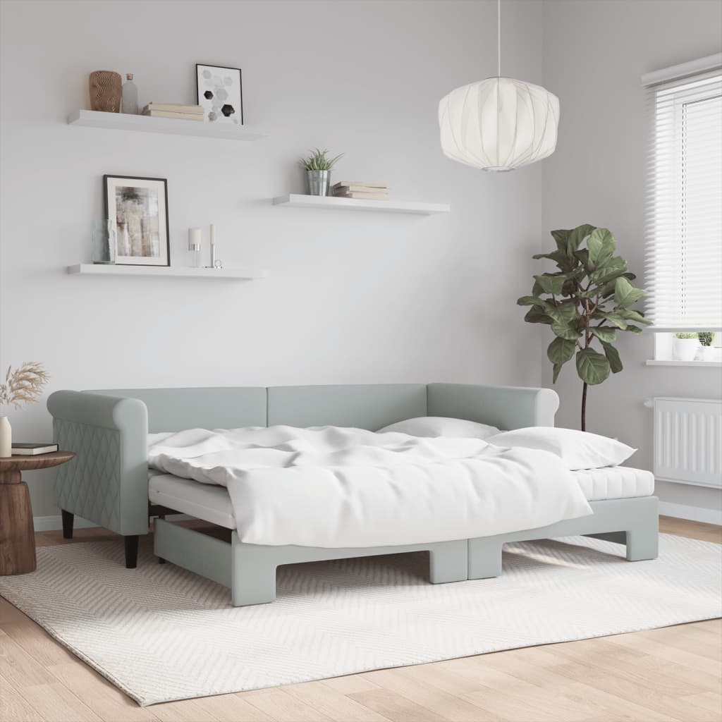 Lit de jour avec gigogne et matelas gris clair 90x190cm velours - XIOS