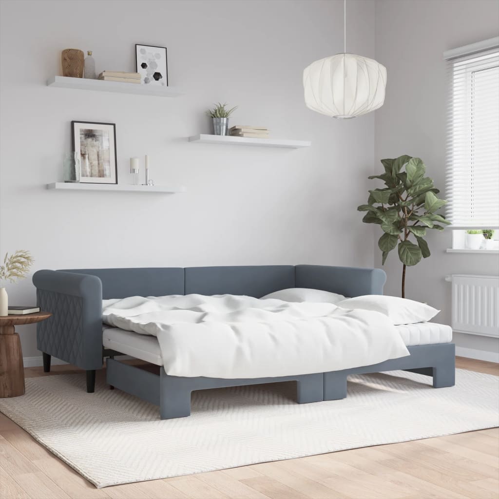 Lit de jour avec gigogne et matelas gris foncé 90x190cm velours - XIOS