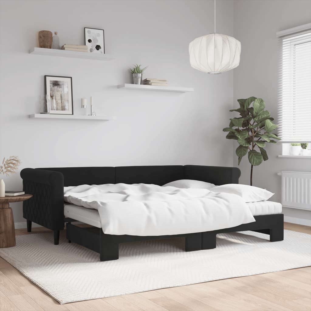 Lit de jour avec gigogne et matelas noir 90x190 cm velours - XIOS