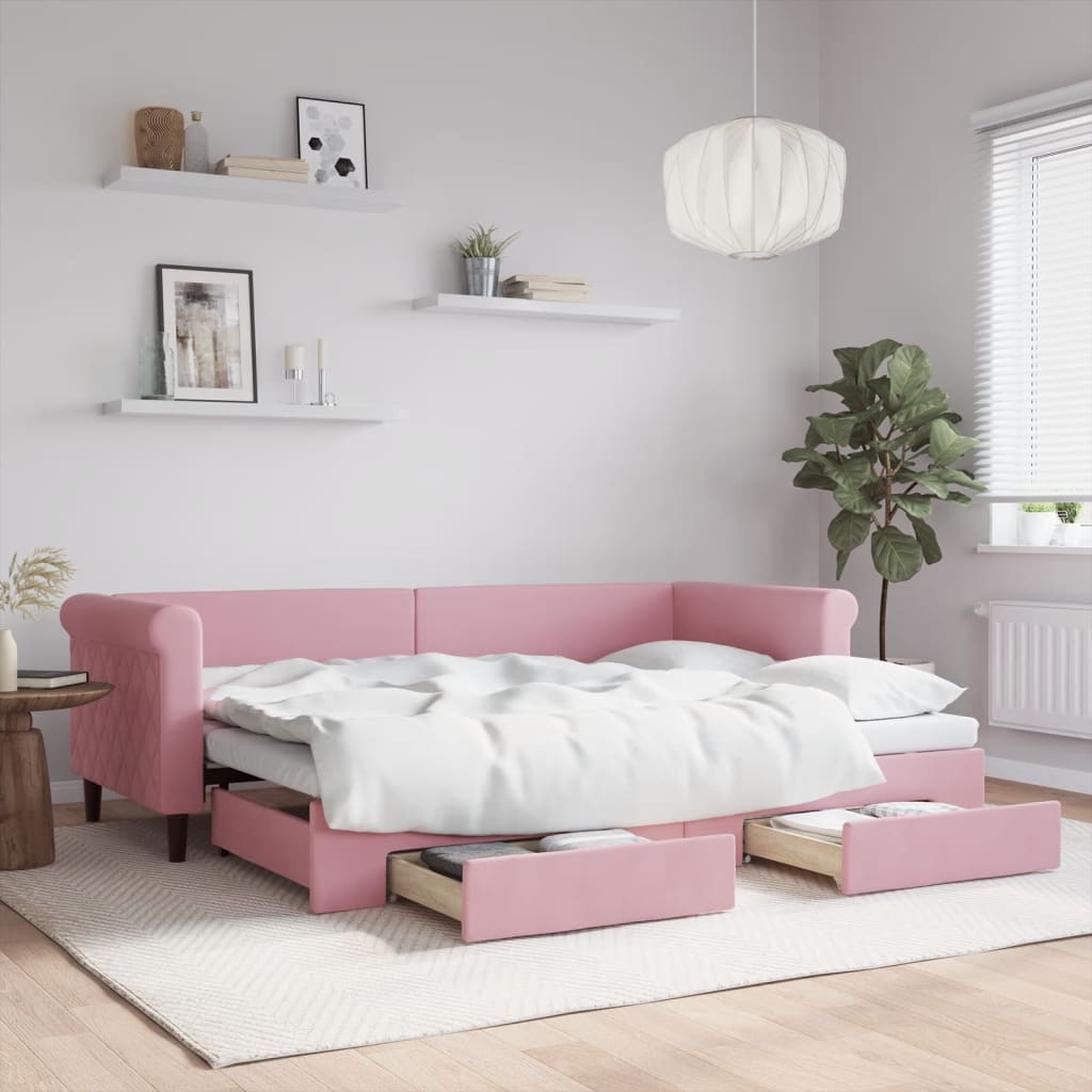 Lit de jour avec gigogne et tiroirs sans matelas rose 80x200 cm
