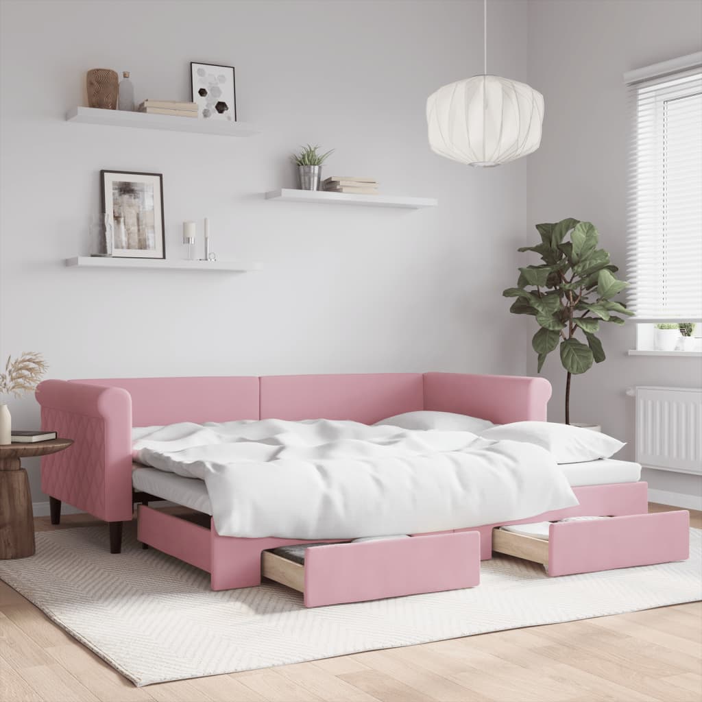 Lit de jour avec gigogne et tiroirs sans matelas rose 90x200 cm - XIOS
