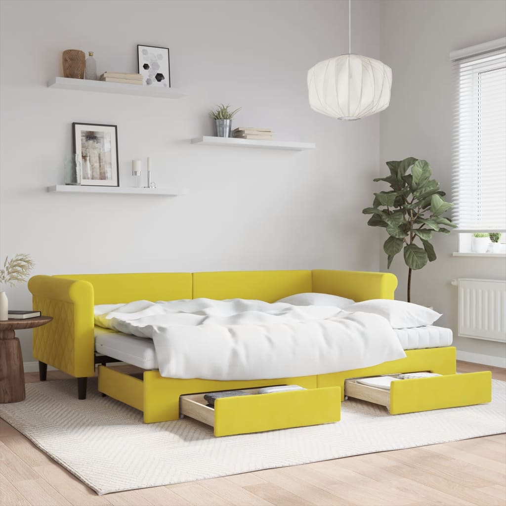 Lit de jour avec gigogne et tiroirs jaune 80x200 cm velours - XIOS