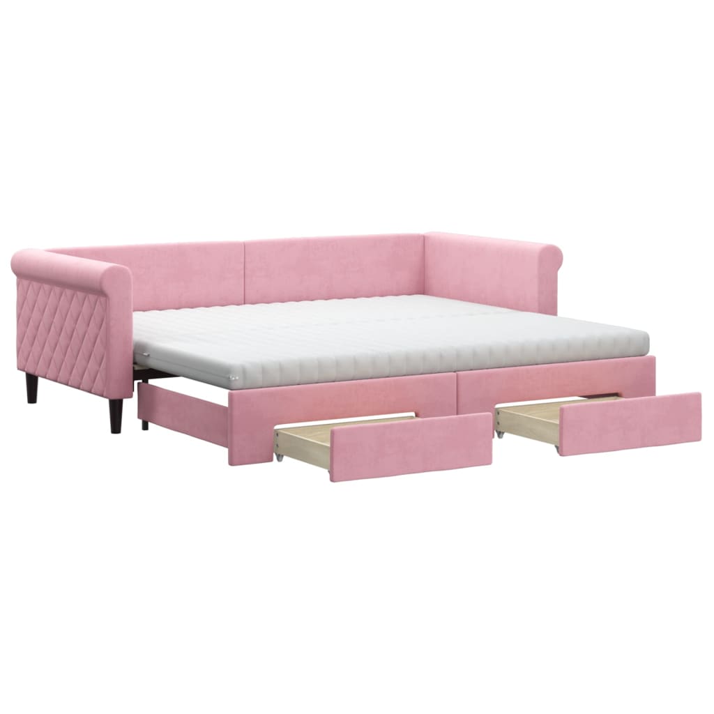 Lit de jour avec gigogne et tiroirs rose 90x200 cm velours - XIOS