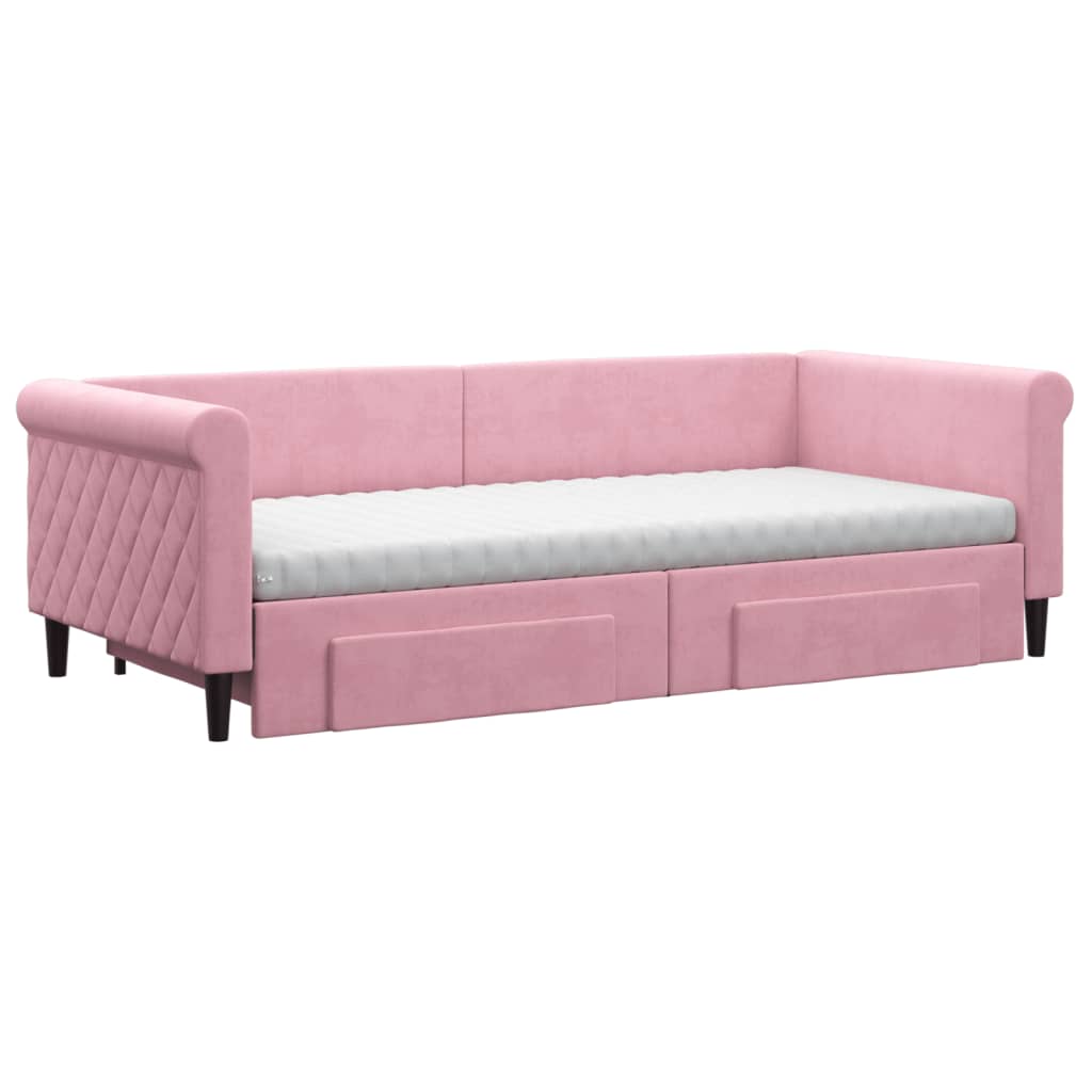 Lit de jour avec gigogne et tiroirs rose 90x200 cm velours - XIOS