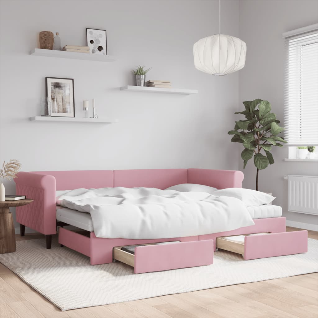 Lit de jour avec gigogne et tiroirs rose 90x200 cm velours - XIOS