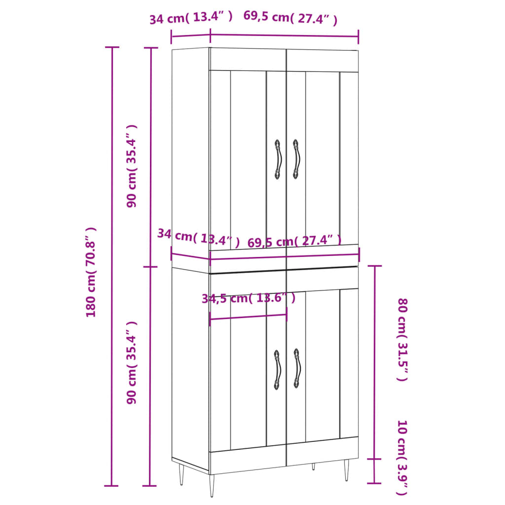Buffet haut Sonoma gris 69,5x34x180 cm Bois d'ingénierie - XIOS