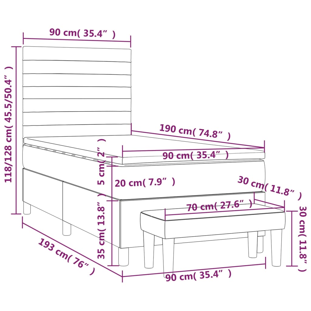 Sommier à lattes de lit et matelas Gris foncé 90x190 cm Tissu - XIOS