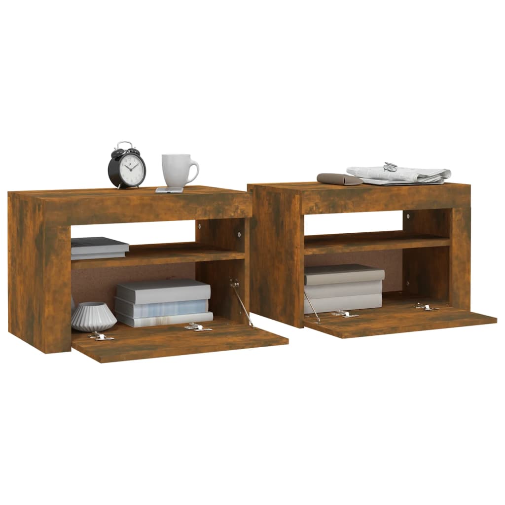 Tables de chevet 2 pcs avec LED chêne fumé 60x35x40 cm - XIOS