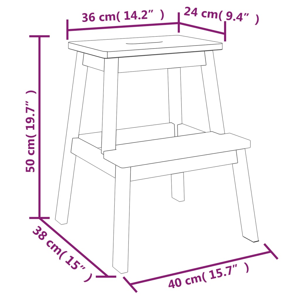 Tabouret-escabeau 2 marches 40x38x50 cm Bois d'acacia solide - XIOS