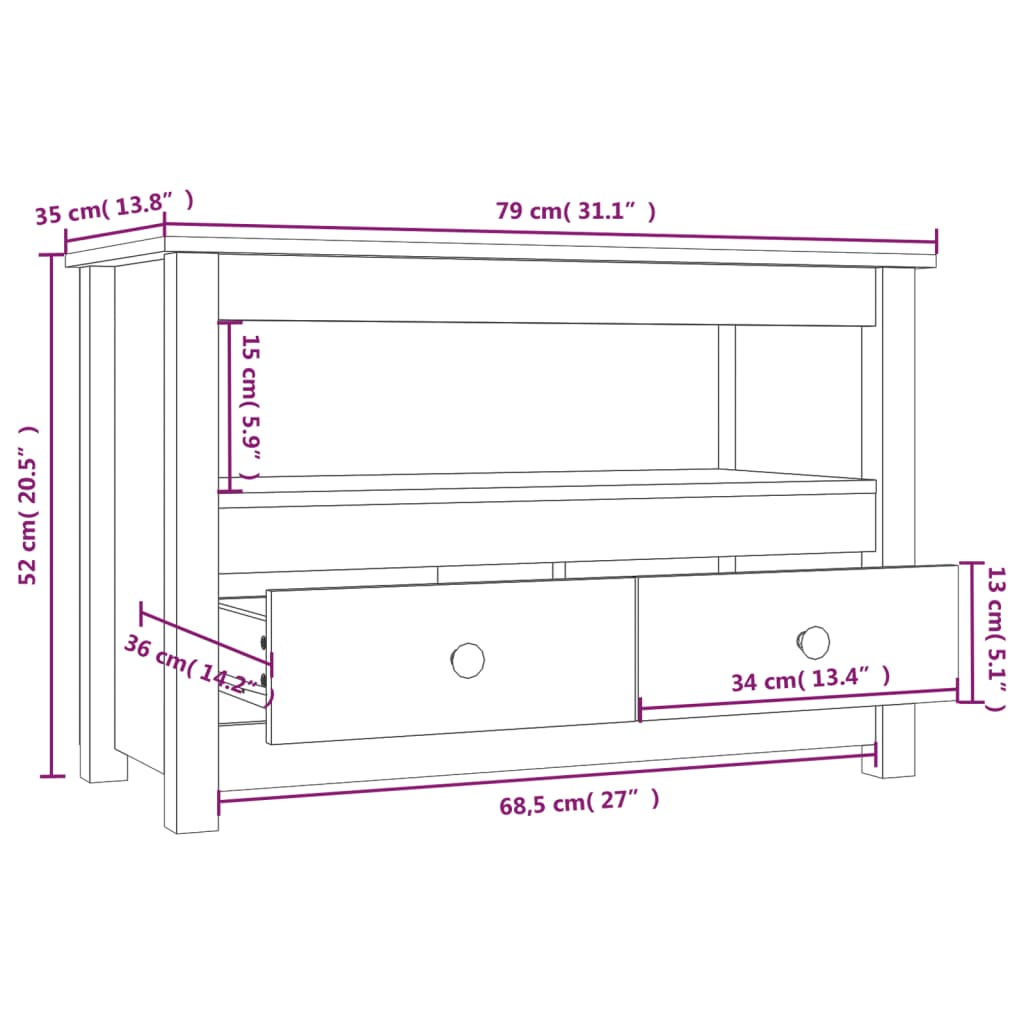 Meuble TV Noir 79x35x52 cm Bois de pin massif - XIOS