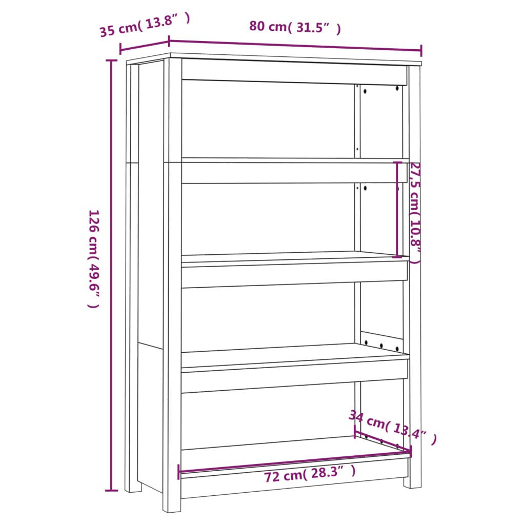 Bibliothèque Noir 80x35x126 cm Bois de pin massif - XIOS