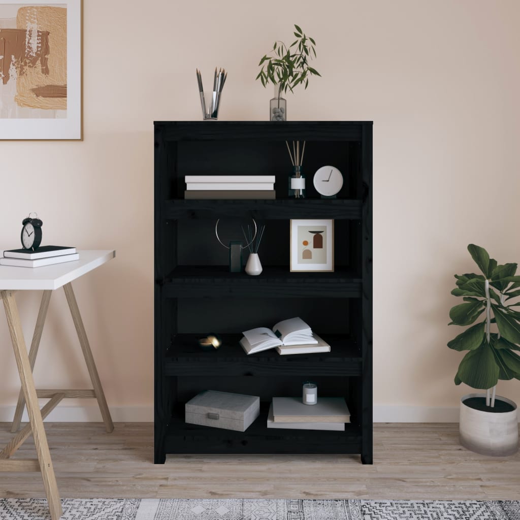 Bibliothèque Noir 80x35x126 cm Bois de pin massif - XIOS