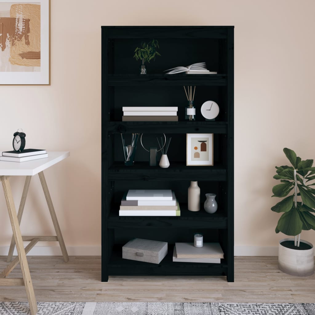 Bibliothèque Noir 80x35x154 cm Bois de pin massif - XIOS