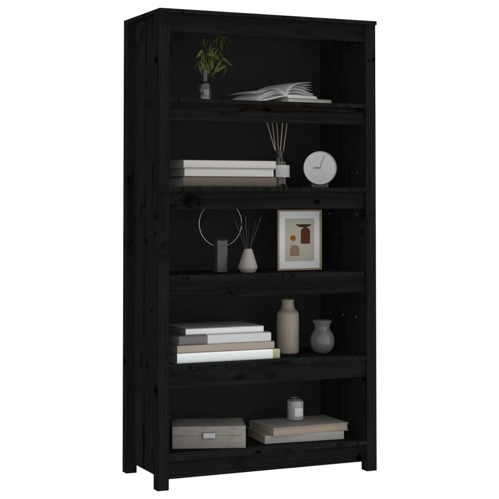 Bibliothèque Noir 80x35x154 cm Bois de pin massif - XIOS