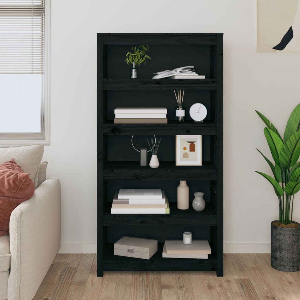 Bibliothèque Noir 80x35x154 cm Bois de pin massif - XIOS