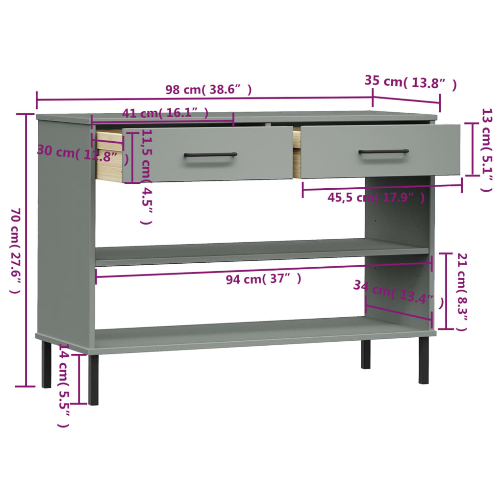 Armoire console avec pieds en métal Gris Bois pin massif OSLO