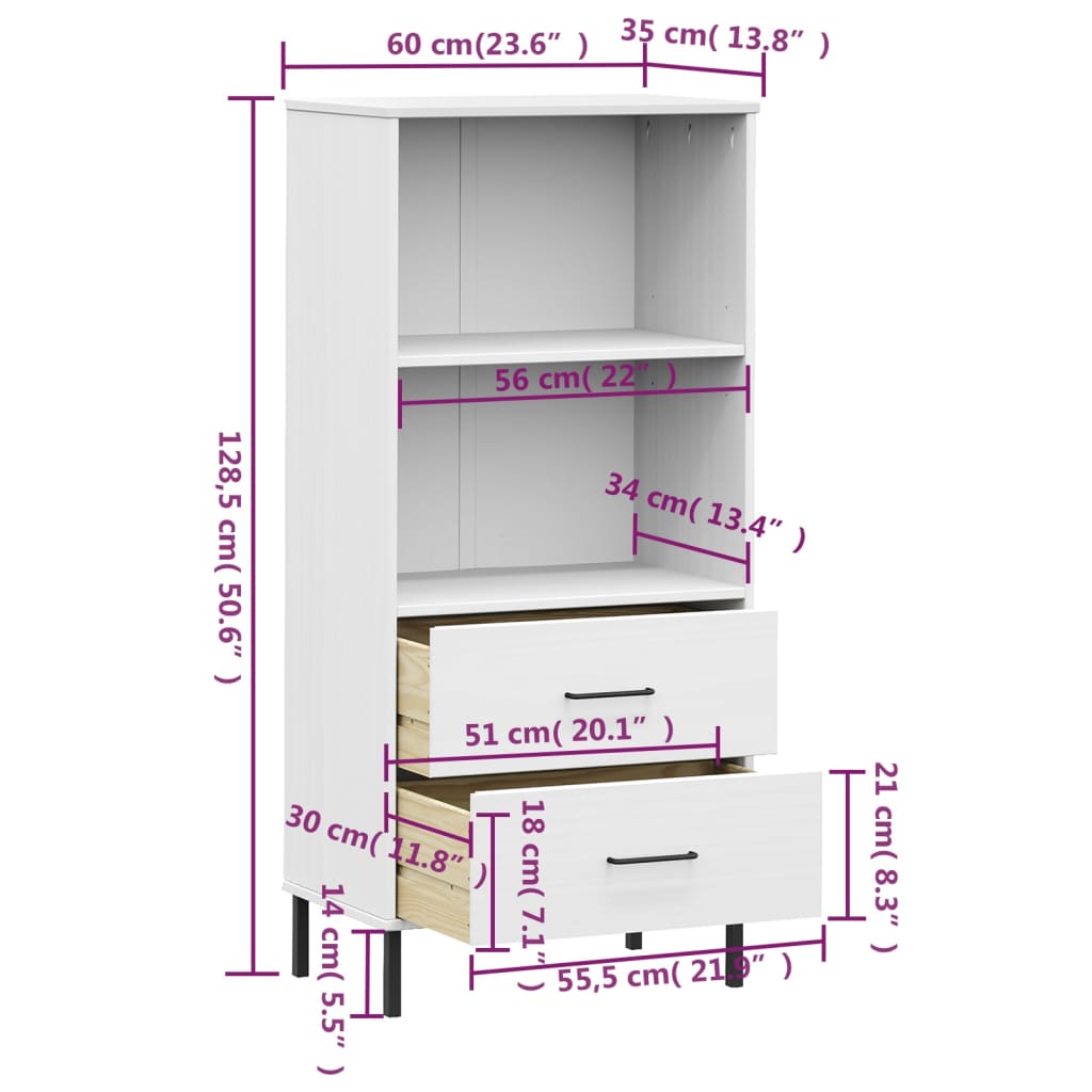 Bibliothèque à 2 tiroirs Blanc 60x35x128,5 cm Bois massif OSLO - XIOS