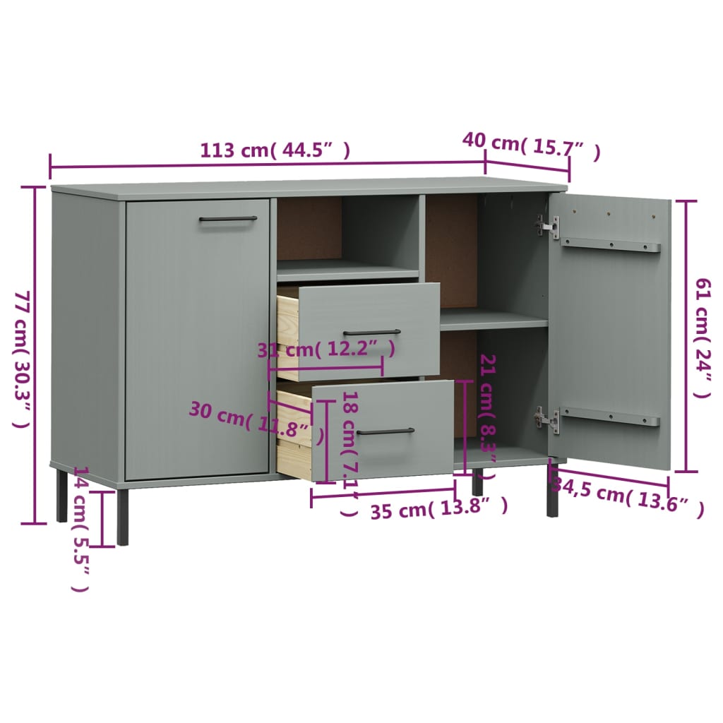 Buffet avec pieds en métal Gris 113x40x77 cm Bois massif OSLO - XIOS