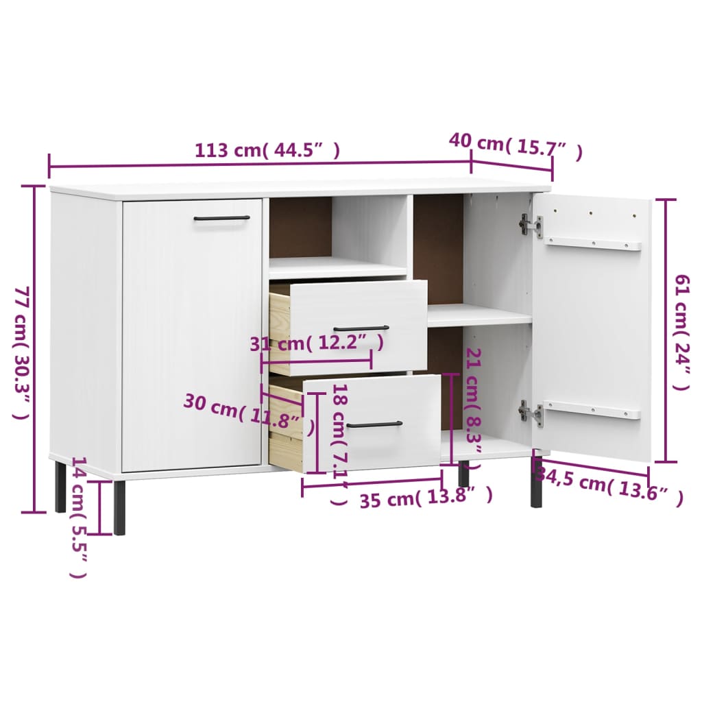Buffet avec pieds en métal Blanc 113x40x77 cm Bois massif OSLO - XIOS