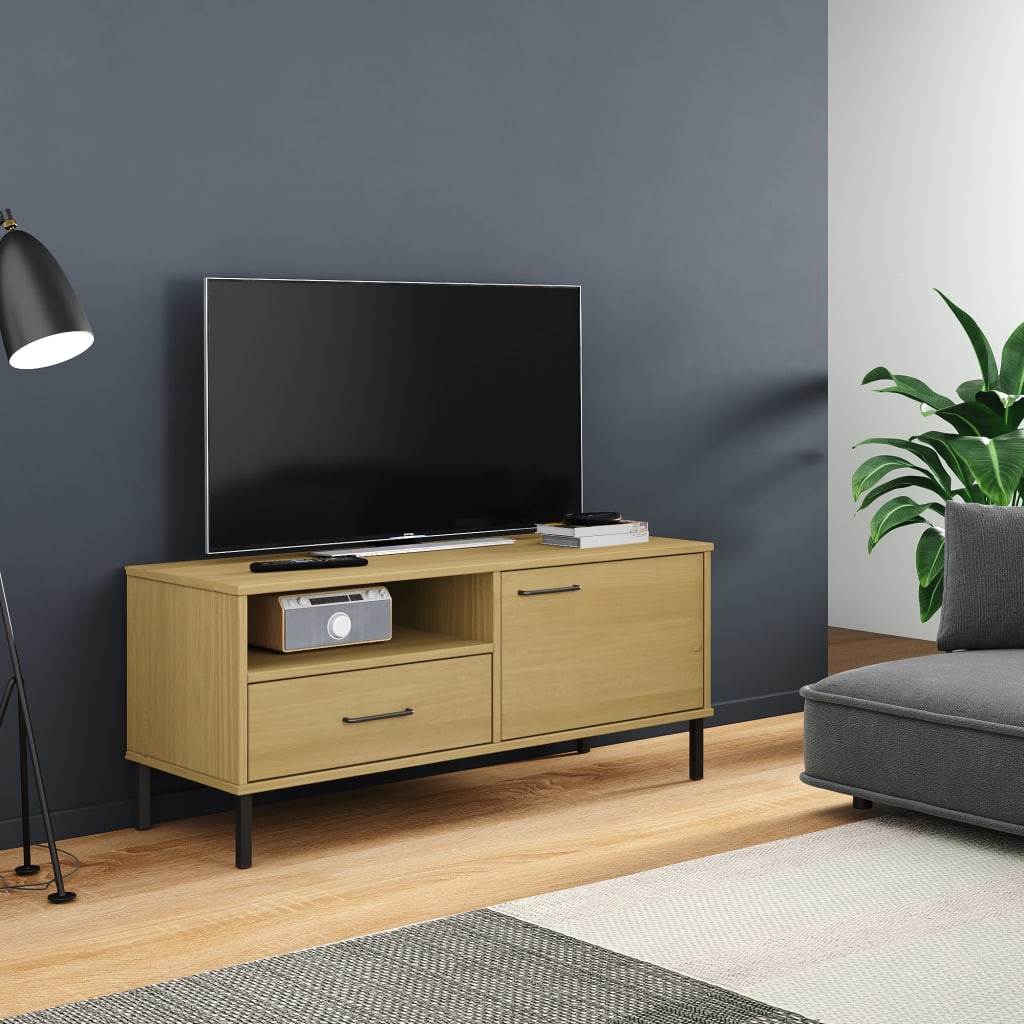 Meuble TV avec pieds en métal Marron Bois de pin massif OSLO - XIOS