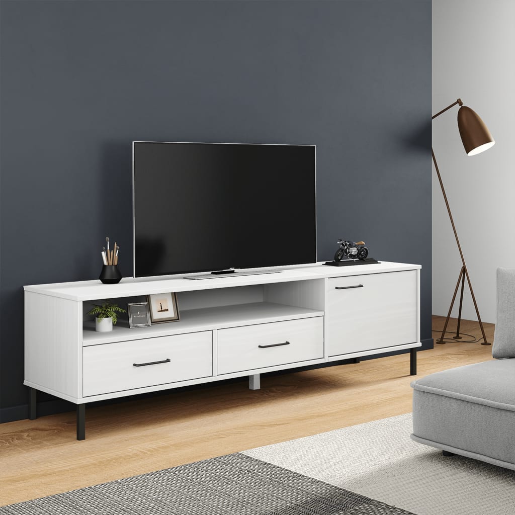 Meuble TV avec pieds en métal Blanc Bois de pin massif OSLO - XIOS