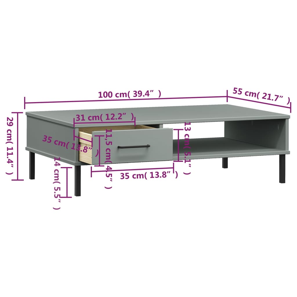 Table basse avec pieds en métal Gris Bois pin massif OSLO - XIOS