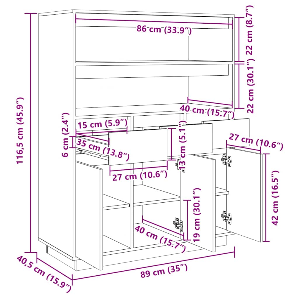 Buffet haut 89x40x116,5 cm Bois massif de pin - XIOS
