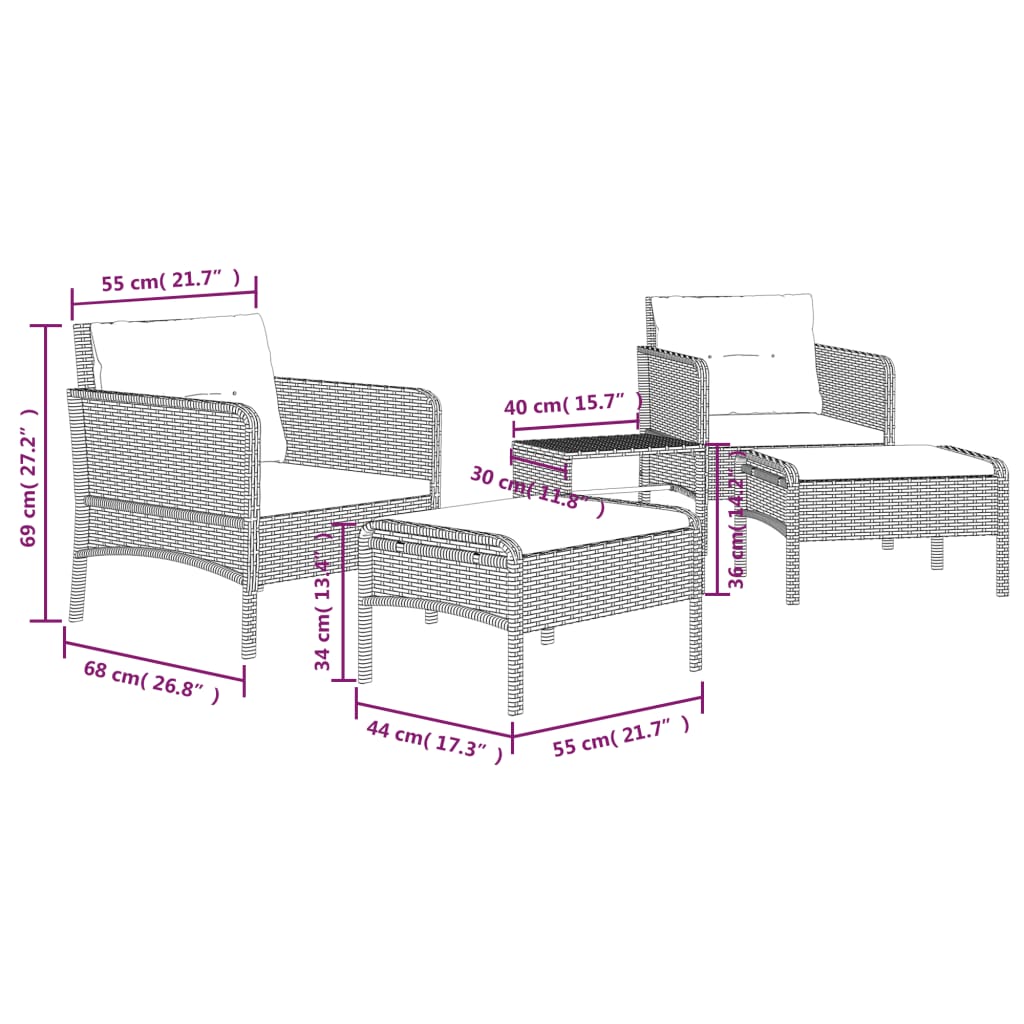 Salon de jardin 5 pcs avec coussins Marron Résine tressée