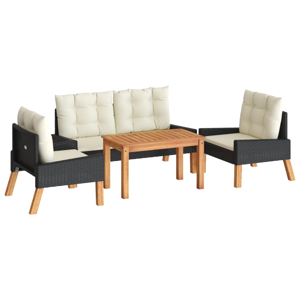 Salon de jardin 4 pcs et coussins Résine tressée et bois massif