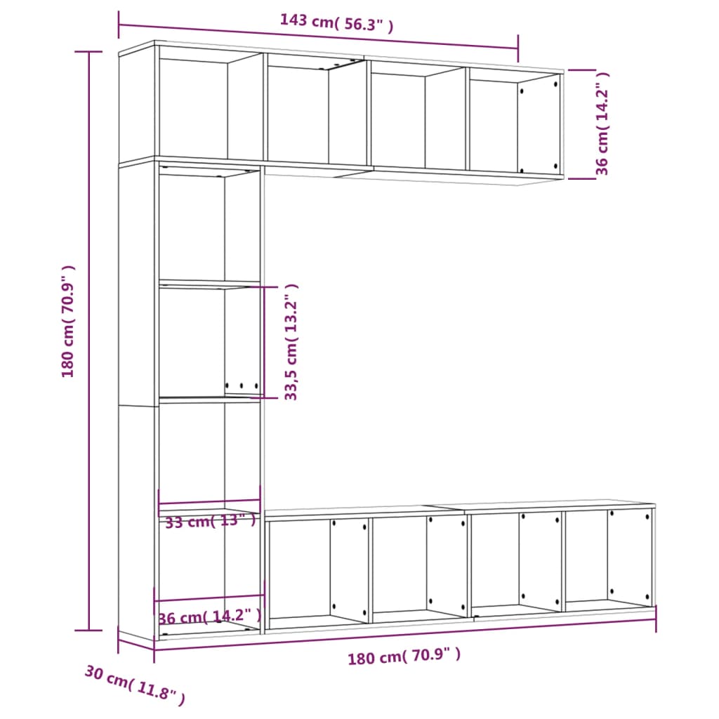 Ensemble bibliothèque/meuble TV 3 pcs Sonoma gris 180x30x180 cm - XIOS