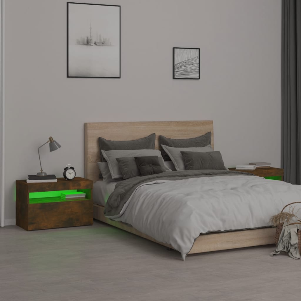Tables de chevet 2 pcs et lumières LED Chêne fumé 60x35x40 cm - XIOS