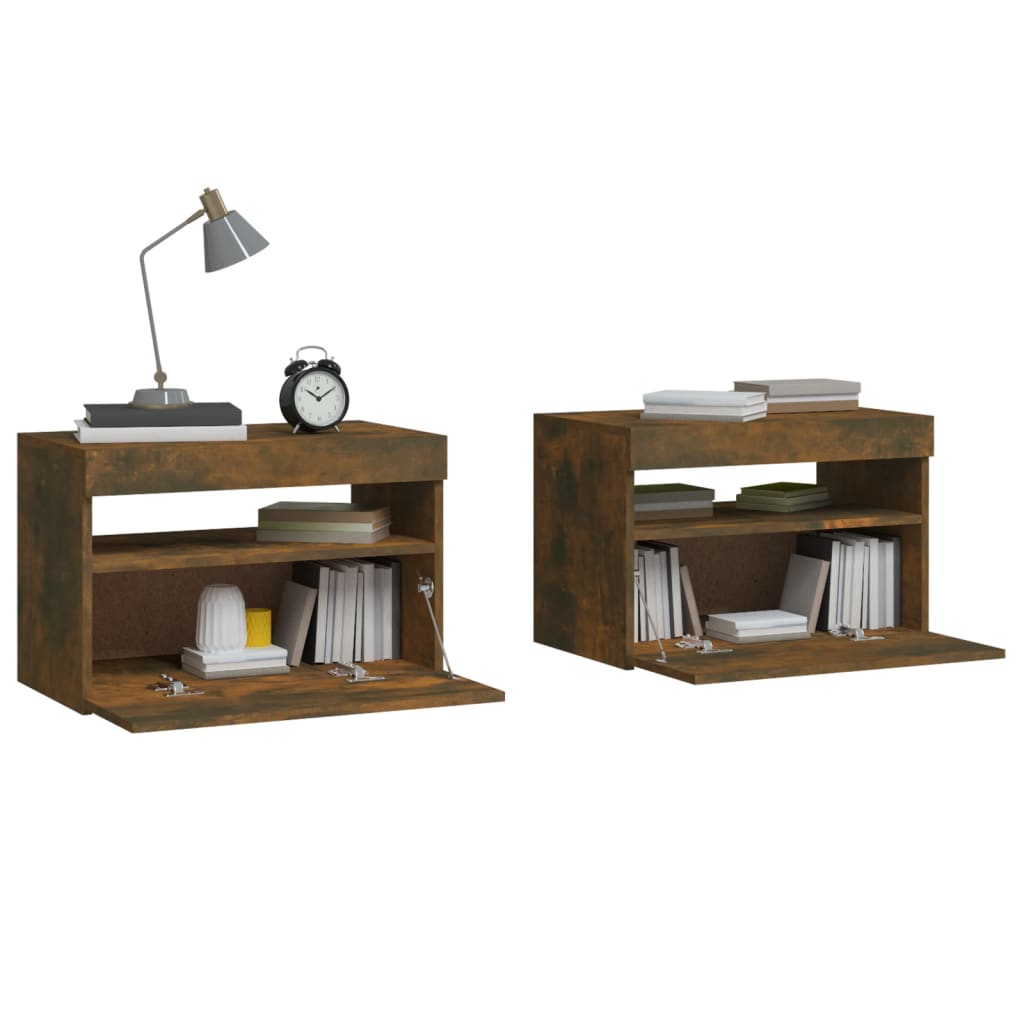 Tables de chevet 2 pcs et lumières LED Chêne fumé 60x35x40 cm - XIOS