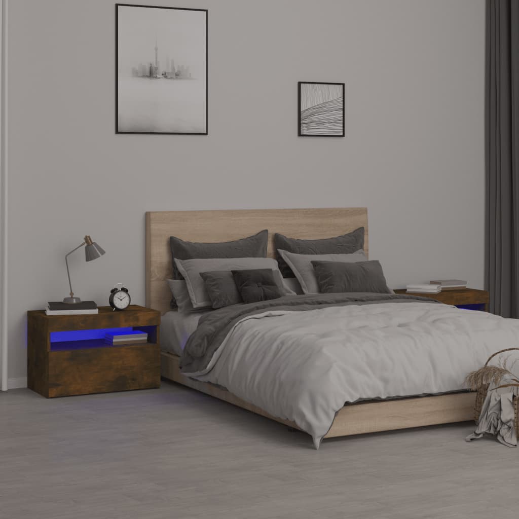 Tables de chevet 2 pcs et lumières LED Chêne fumé 60x35x40 cm - XIOS