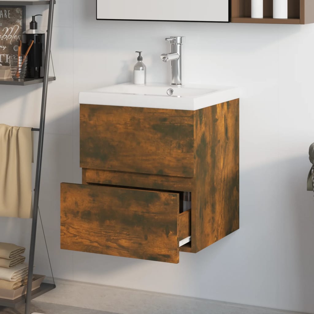 Meuble lavabo avec bassin intégré Chêne fumé Bois d'ingénierie - XIOS