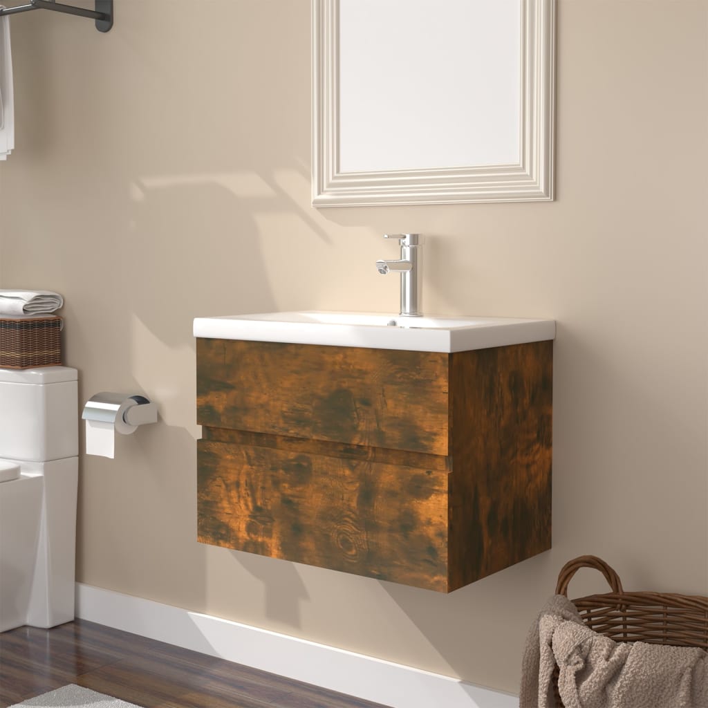 Meuble lavabo avec bassin intégré Chêne fumé Bois d'ingénierie - XIOS