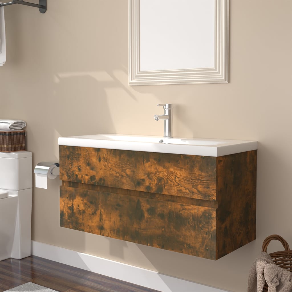 Meuble lavabo avec bassin intégré Chêne fumé Bois d'ingénierie - XIOS