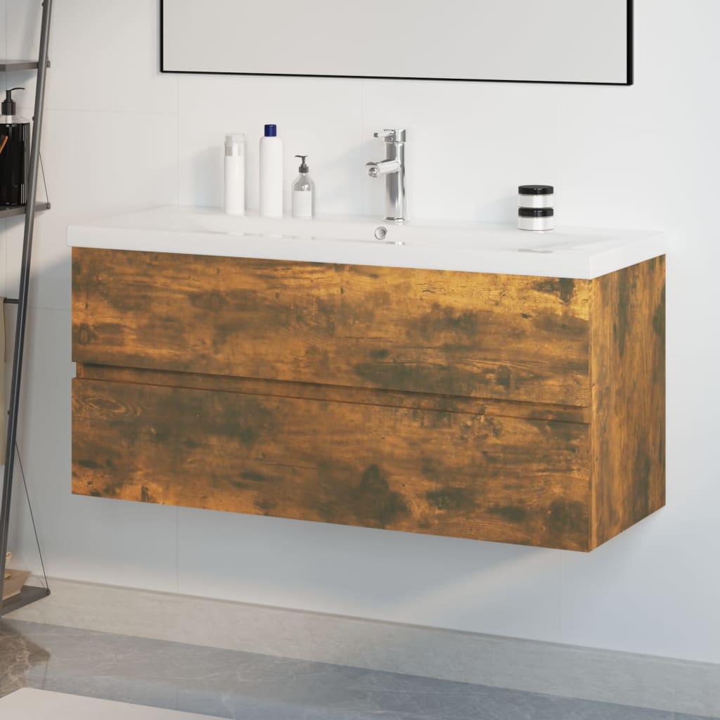 Meuble lavabo avec bassin intégré Chêne fumé Bois d'ingénierie - XIOS