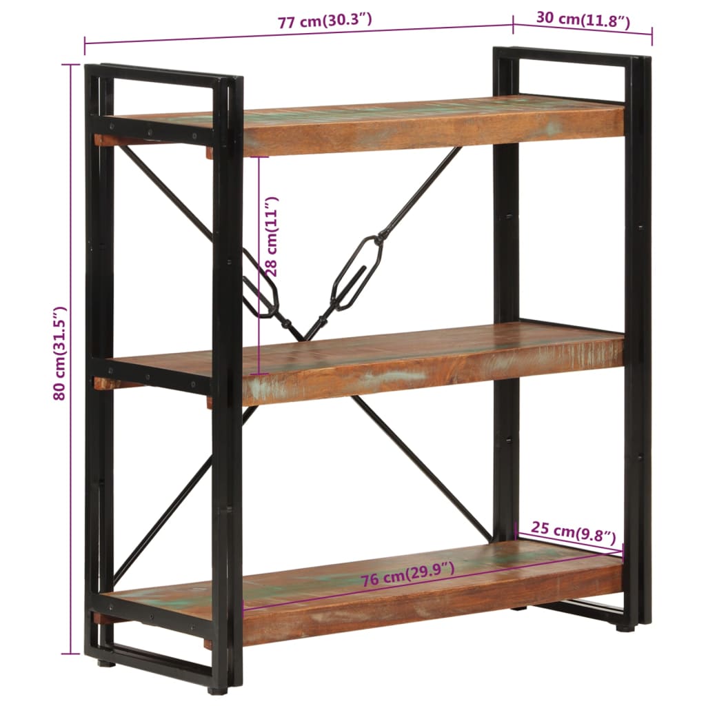 Bibliothèque 3 niveaux 77x30x80 cm bois récupération massif/fer - XIOS