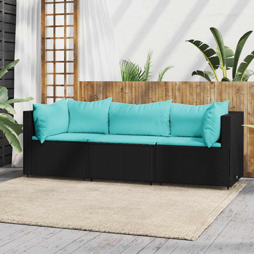 Salon de jardin 3 pcs avec coussins Noir Résine tressée Canapés de jardin vidaXL