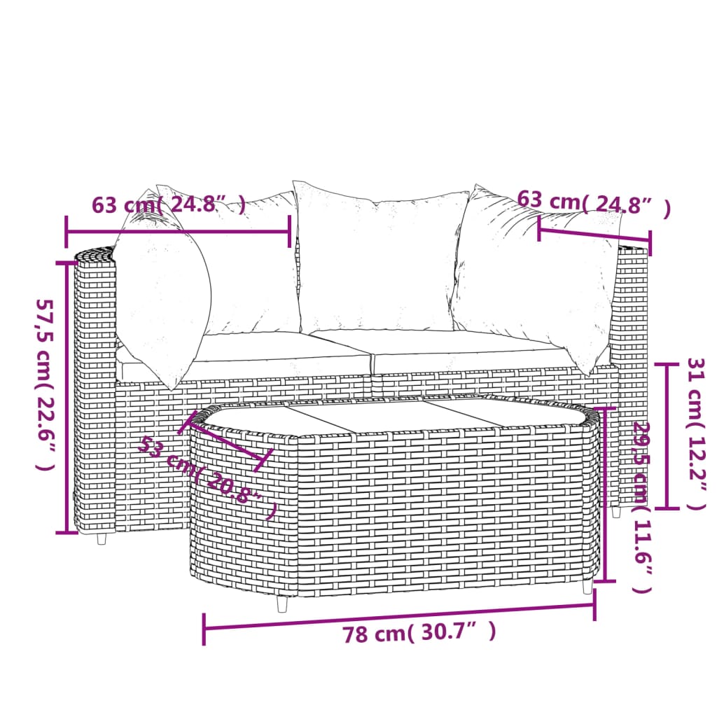 Salon de jardin 3 pcs avec coussins Gris Résine tressée Canapés de jardin vidaXL