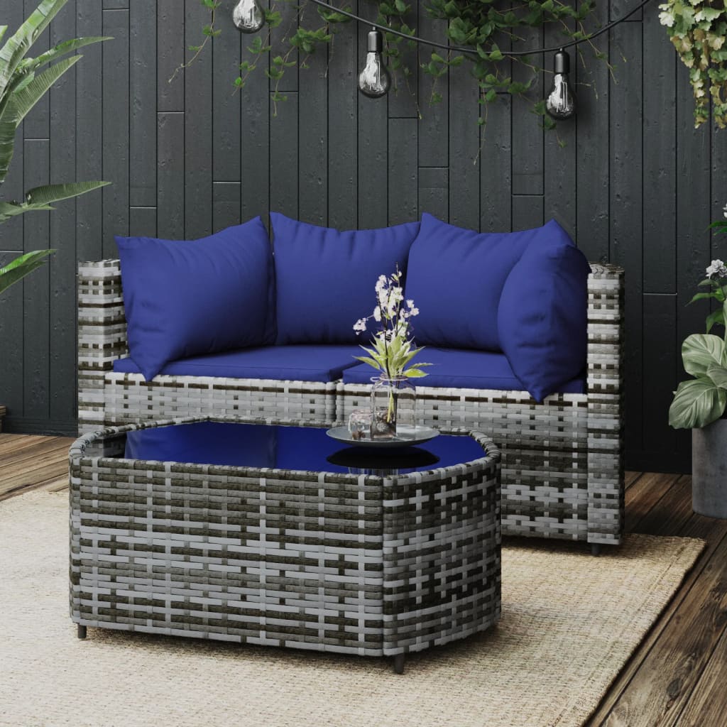 Salon de jardin 3 pcs avec coussins Gris Résine tressée Canapés de jardin vidaXL