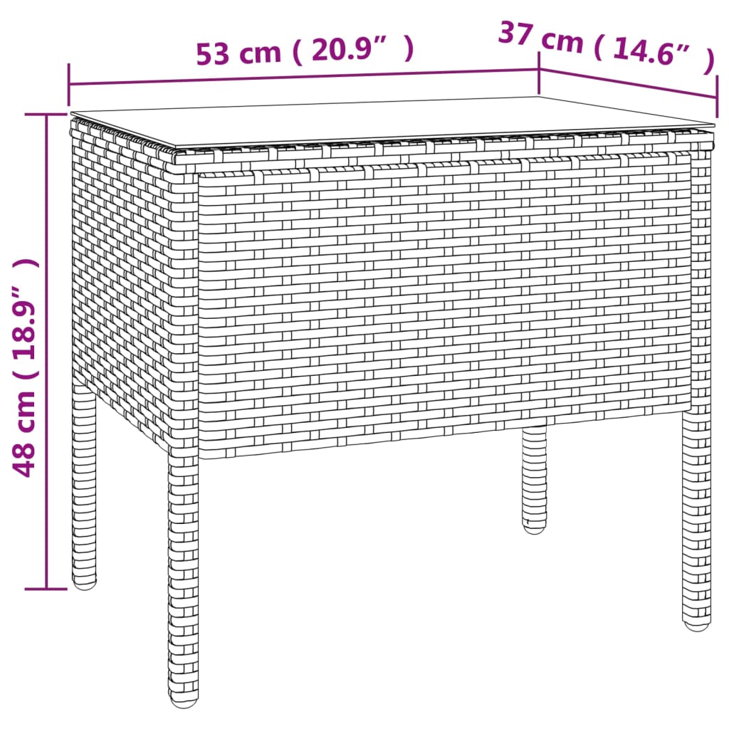 Table d'appoint noir 53x37x48 cm poly rotin et verre trempé - XIOS