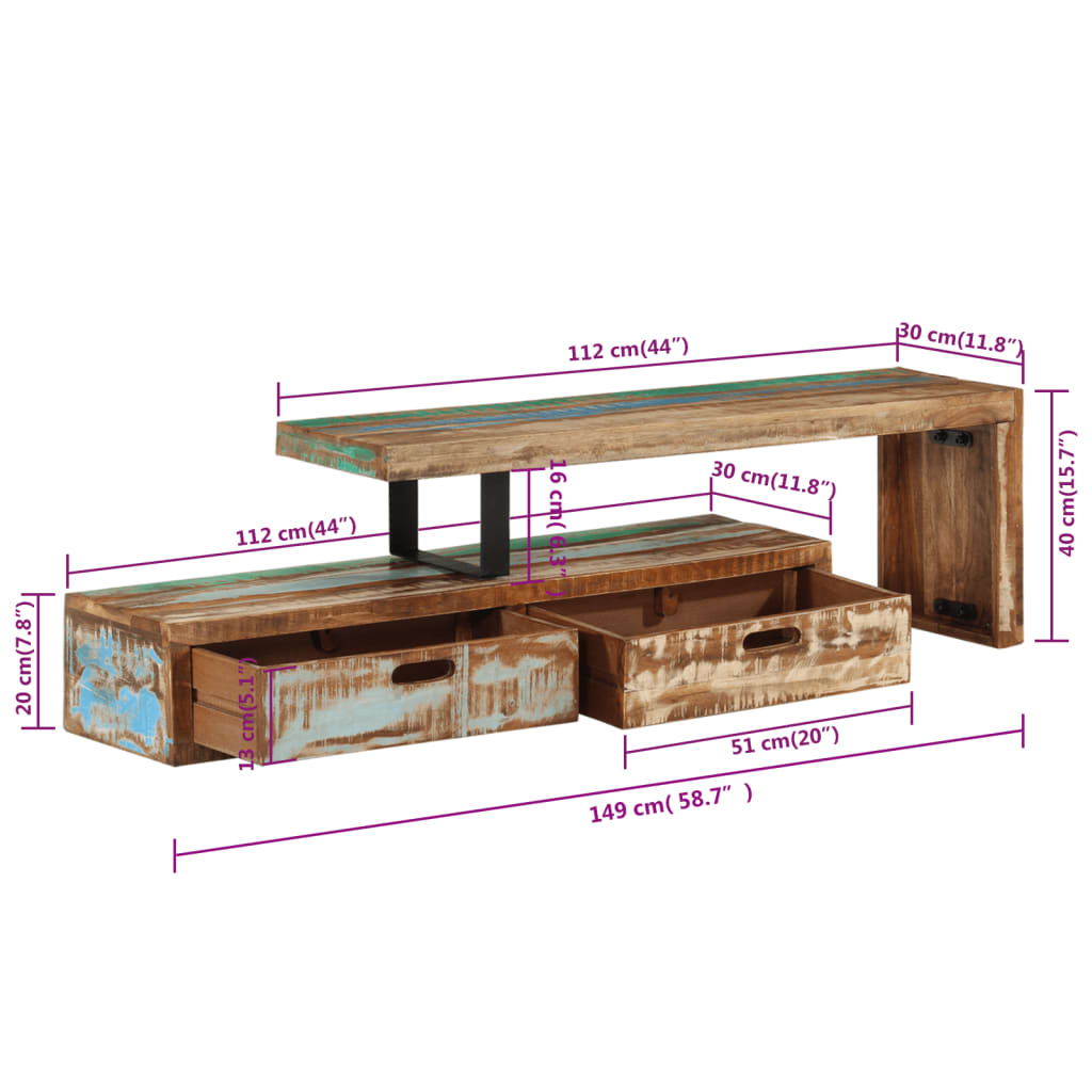 Meuble TV (118-200) x 30 x 40 cm en bois massif recyclé - XIOS