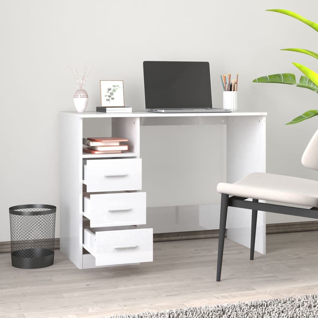 Bureau et tiroirs Blanc brillant 102x50x76 cm Bois d'ingénierie Bureaux vidaXL   