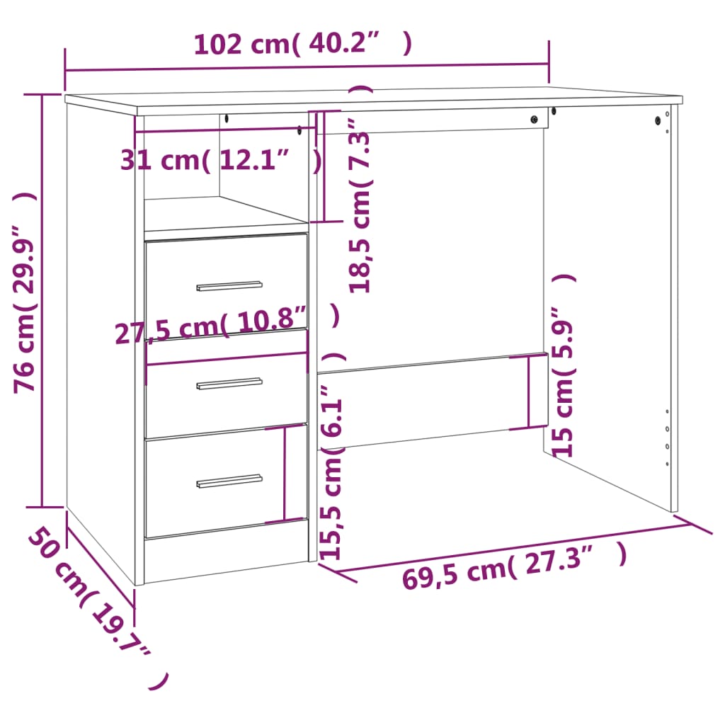 Bureau et tiroirs Blanc brillant 102x50x76 cm Bois d'ingénierie Bureaux vidaXL   