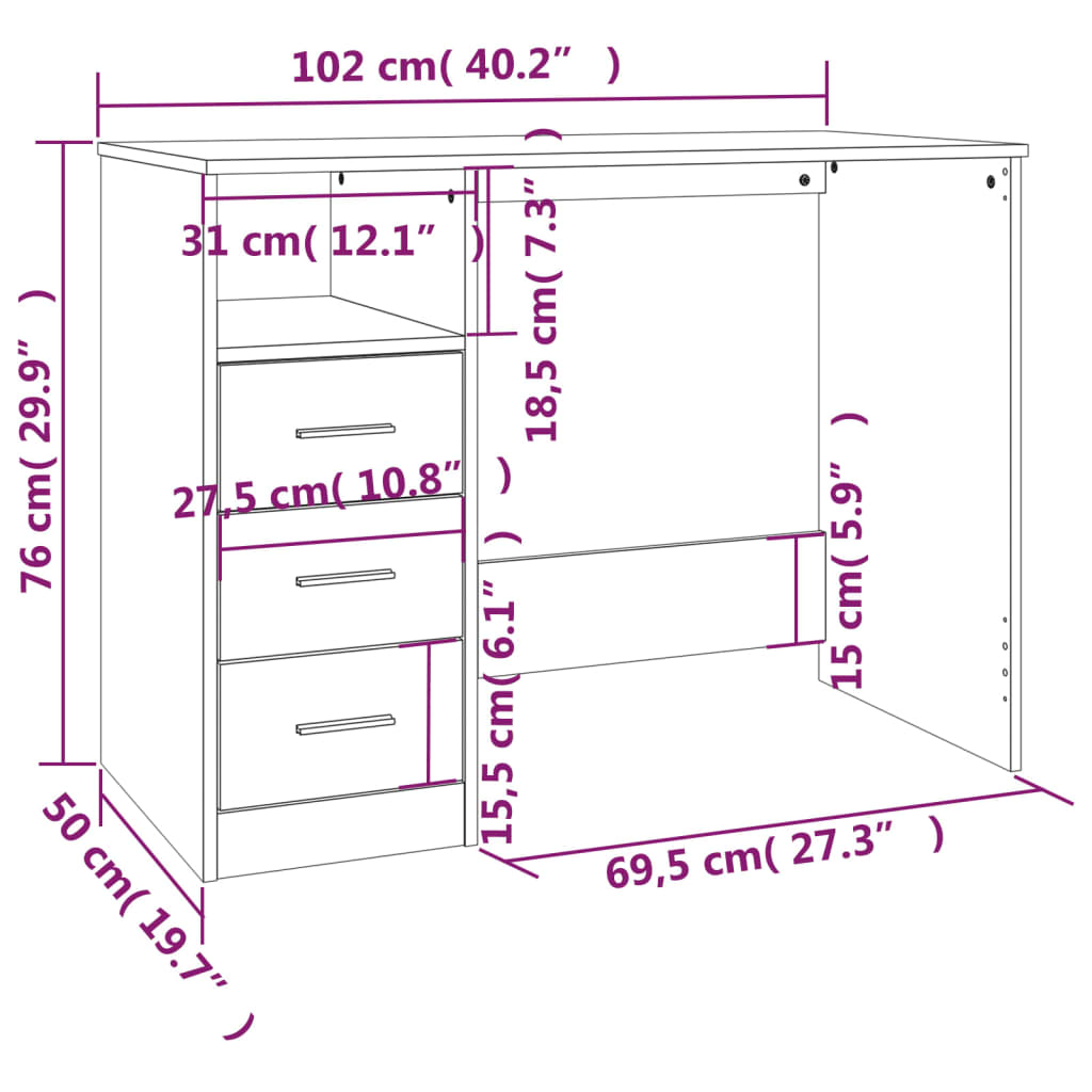 Bureau avec tiroirs Chêne marron 102x50x76 cm Bois d'ingénierie Bureaux vidaXL